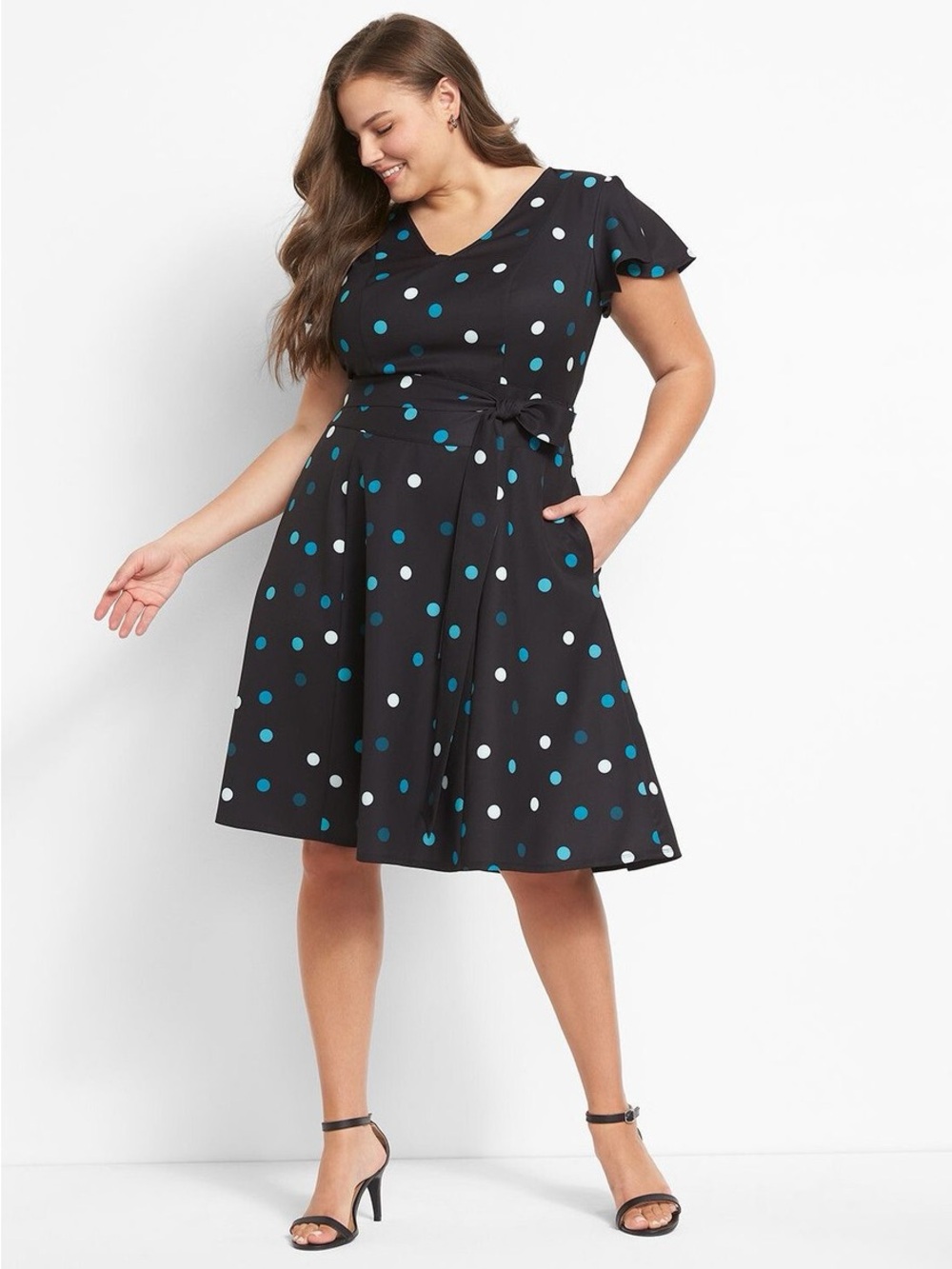 Lane Bryant Fit & Flare Dress Size 22 Navy White Polka Dot Belted
